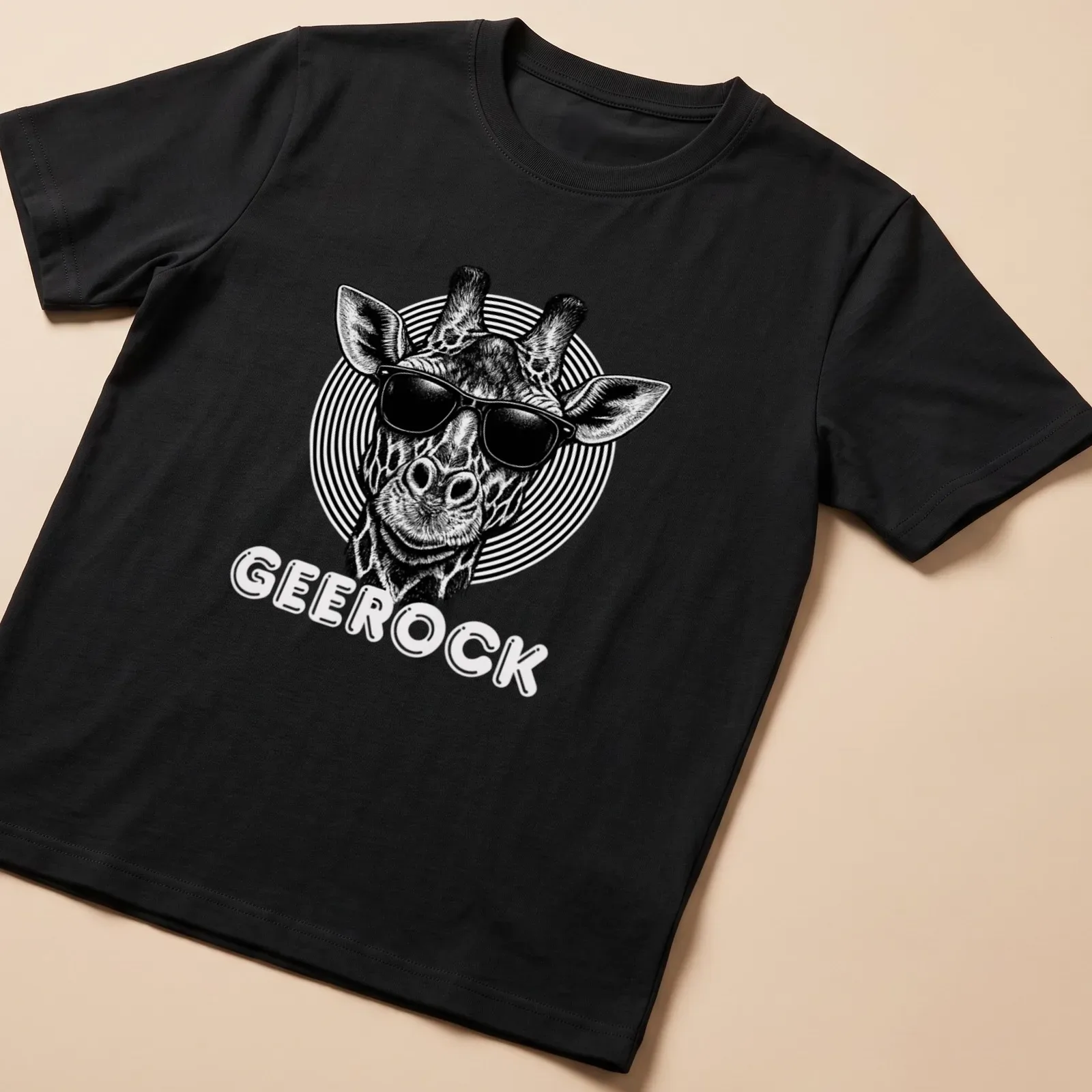 Black and white illustration of a giraffe wearing sunglasses with the word GeeRock — printed on a unisex t-shirt
