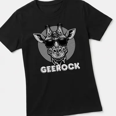 Black and white illustration of a giraffe wearing sunglasses with the word GeeRock — printed on a women's shirt