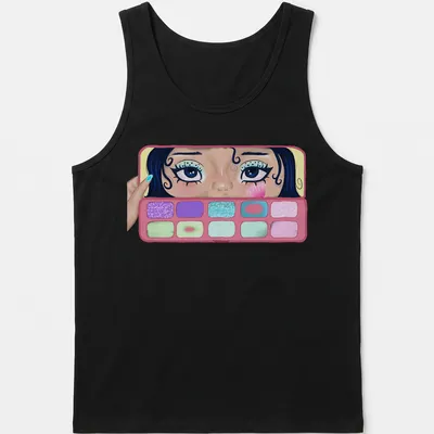 Colorful illustration of a girl applying makeup with eyeshadow palettes — printed on a tank top