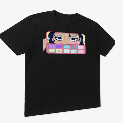 Colorful illustration of a girl applying makeup with eyeshadow palettes — printed on a unisex t-shirt (angled view)
