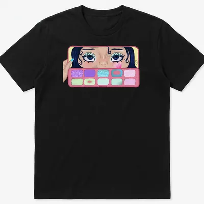 Colorful illustration of a girl applying makeup with eyeshadow palettes