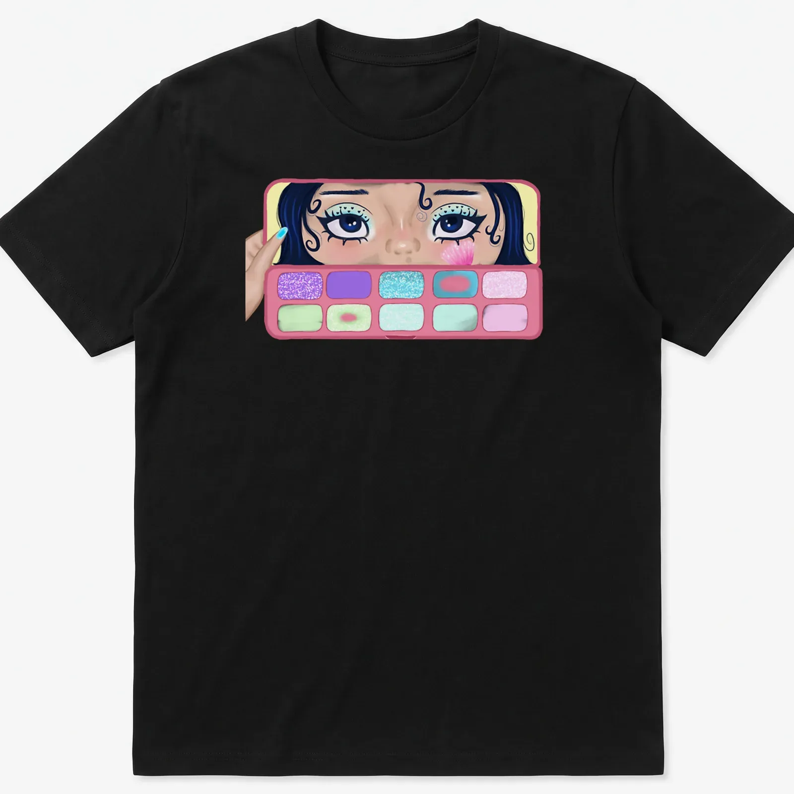 Colorful illustration of a girl applying makeup with eyeshadow palettes — printed on a unisex t-shirt