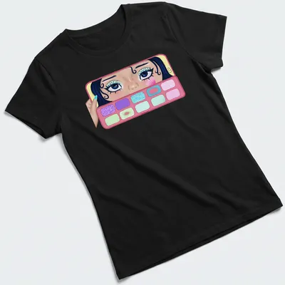 Colorful illustration of a girl applying makeup with eyeshadow palettes — printed on a women's shirt