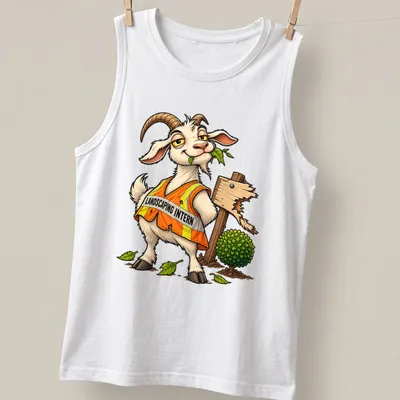 Cartoon goat in an orange vest with 'Landscaping Intern' text above — printed on a tank top