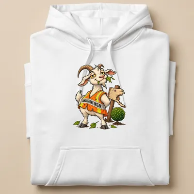 Cartoon goat in an orange vest with 'Landscaping Intern' text above — printed on a unisex hoodie