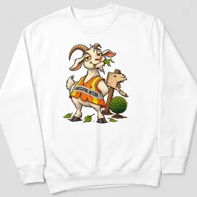 Cartoon goat in an orange vest with 'Landscaping Intern' text above — printed on a unisex sweatshirt