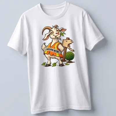 Cartoon goat in an orange vest with 'Landscaping Intern' text above