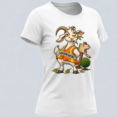 Cartoon goat in an orange vest with 'Landscaping Intern' text above — printed on a women's shirt