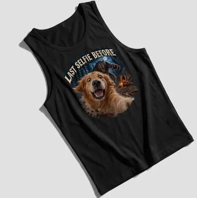 Realistic print of a Golden Retriever with the phrase Last Selfie Before in colorful detail — printed on a tank top