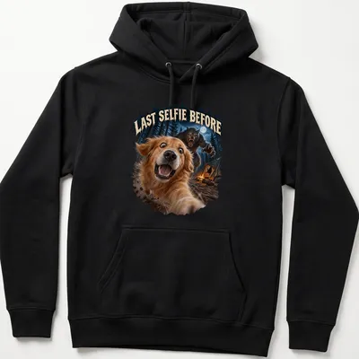 Realistic print of a Golden Retriever with the phrase Last Selfie Before in colorful detail — printed on a unisex hoodie