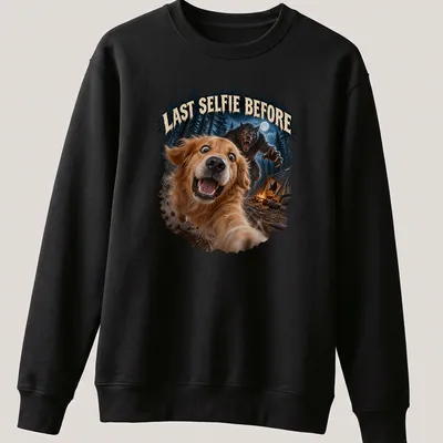 Realistic print of a Golden Retriever with the phrase Last Selfie Before in colorful detail — printed on a unisex sweatshirt