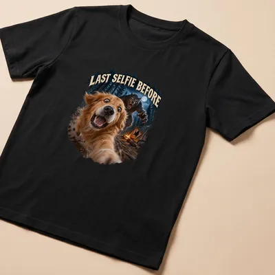 Realistic print of a Golden Retriever with the phrase Last Selfie Before in colorful detail