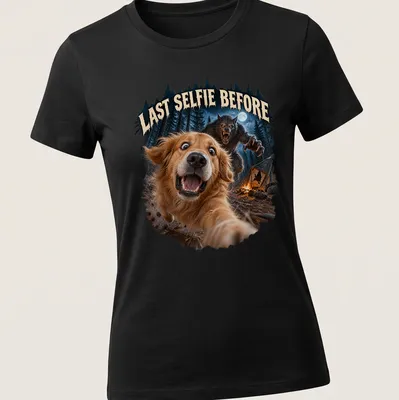 Realistic print of a Golden Retriever with the phrase Last Selfie Before in colorful detail — printed on a women's shirt