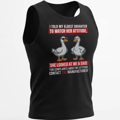 Funny cartoon T-shirt featuring a goose and humorous text about attitude — printed on a tank top