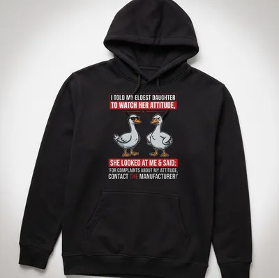 Funny cartoon T-shirt featuring a goose and humorous text about attitude — printed on a unisex hoodie