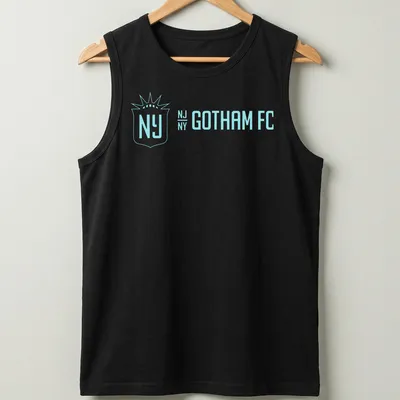 Light blue t-shirt with NJ Gotham FC printed in modern typography. — printed on a tank top
