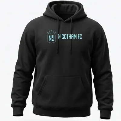 Light blue t-shirt with NJ Gotham FC printed in modern typography. — printed on a unisex hoodie