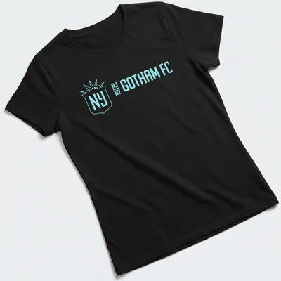Light blue t-shirt with NJ Gotham FC printed in modern typography. — printed on a women's shirt