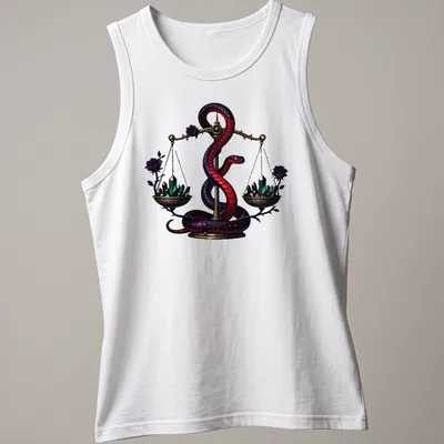 Gothic illustration of a crimson garter snake entwined around apothecary scales in rich colors — printed on a tank top