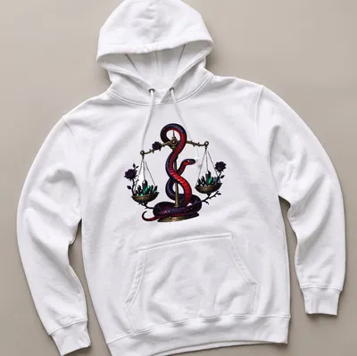 Gothic illustration of a crimson garter snake entwined around apothecary scales in rich colors — printed on a unisex hoodie