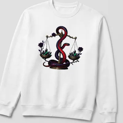 Gothic illustration of a crimson garter snake entwined around apothecary scales in rich colors — printed on a unisex sweatshirt