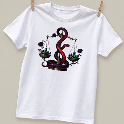 Gothic illustration of a crimson garter snake entwined around apothecary scales in rich colors