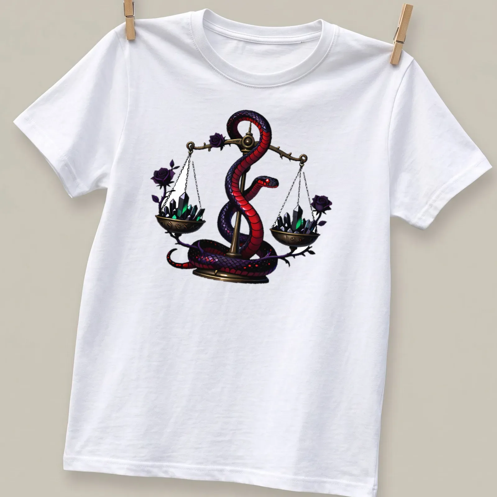 Gothic illustration of a crimson garter snake entwined around apothecary scales in rich colors — printed on a unisex t-shirt