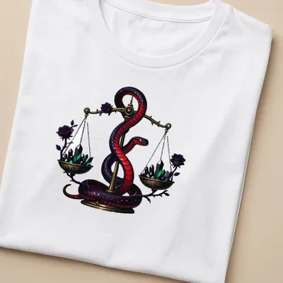 Gothic illustration of a crimson garter snake entwined around apothecary scales in rich colors — printed on a women's shirt