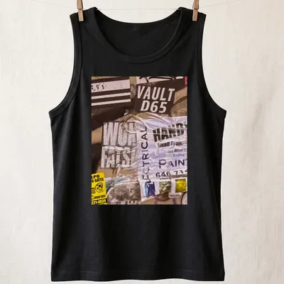 Graffiti-inspired t-shirt with bold text and urban collage design in black, white, yellow, and gray — printed on a tank top