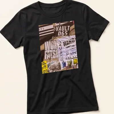Graffiti-inspired t-shirt with bold text and urban collage design in black, white, yellow, and gray — printed on a women's shirt