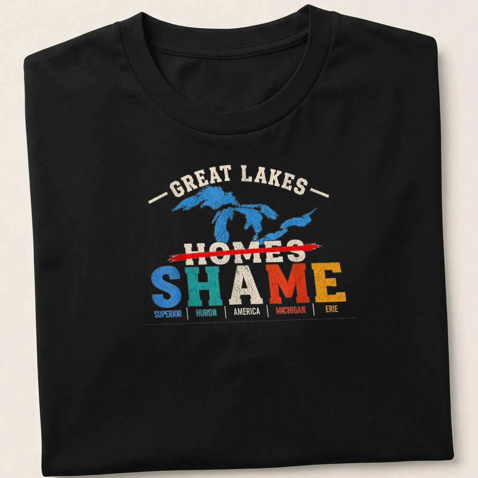 Vintage distressed Great Lakes map design featuring prominent text about Michigan — printed on a unisex t-shirt