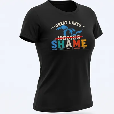 Vintage distressed Great Lakes map design featuring prominent text about Michigan — printed on a women's shirt