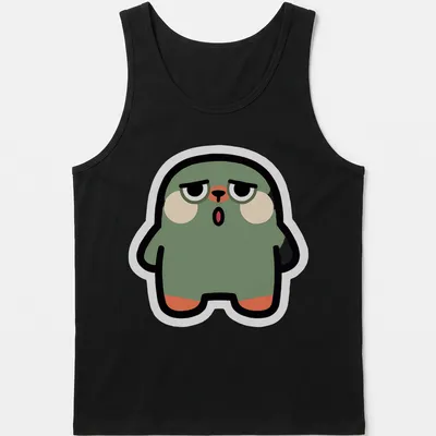 Flat design of a cute green blob monster with peach and black accents — printed on a tank top