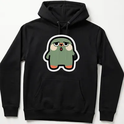 Flat design of a cute green blob monster with peach and black accents — printed on a unisex hoodie