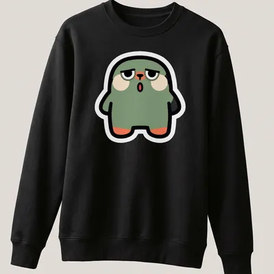 Flat design of a cute green blob monster with peach and black accents — printed on a unisex sweatshirt
