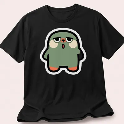Flat design of a cute green blob monster with peach and black accents