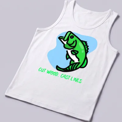 Kawaii line-art T-shirt depicting a green fish with cast wood lines above whimsical text. — printed on a tank top