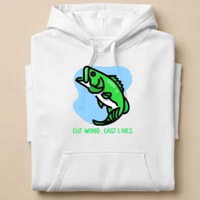 Kawaii line-art T-shirt depicting a green fish with cast wood lines above whimsical text. — printed on a unisex hoodie