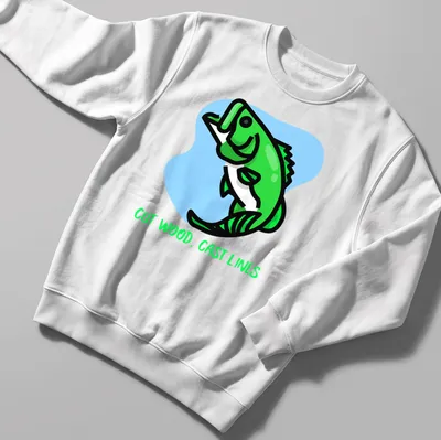 Kawaii line-art T-shirt depicting a green fish with cast wood lines above whimsical text. — printed on a unisex sweatshirt