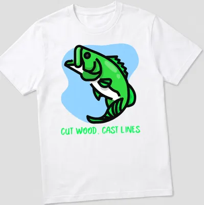Kawaii line-art T-shirt depicting a green fish with cast wood lines above whimsical text.