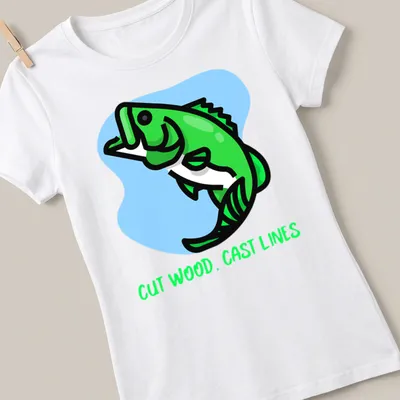 Kawaii line-art T-shirt depicting a green fish with cast wood lines above whimsical text. — printed on a women's shirt