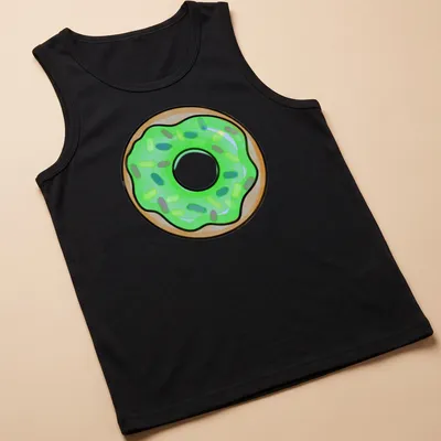 Cartoon donut with green icing and colorful sprinkles design — printed on a tank top