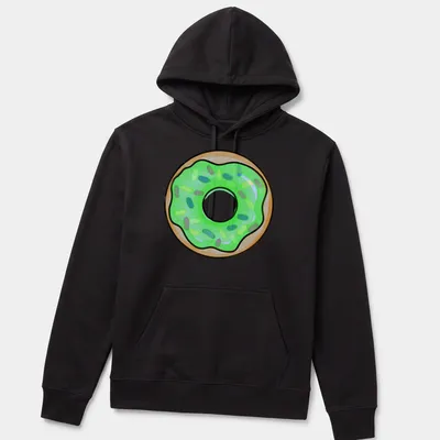 Cartoon donut with green icing and colorful sprinkles design — printed on a unisex hoodie