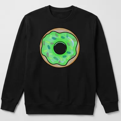 Cartoon donut with green icing and colorful sprinkles design — printed on a unisex sweatshirt
