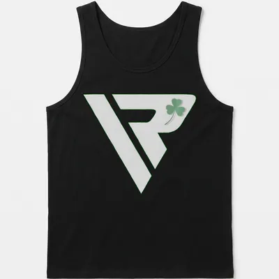 Minimalist green shamrock logo on a modern sports — printed on a tank top