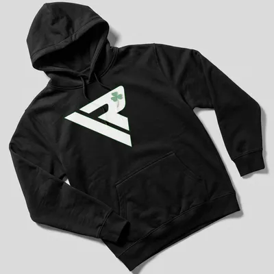 Minimalist green shamrock logo on a modern sports — printed on a unisex hoodie