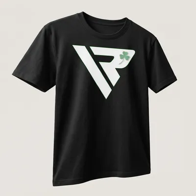 Minimalist green shamrock logo on a modern sports — printed on a unisex t-shirt (angled view)