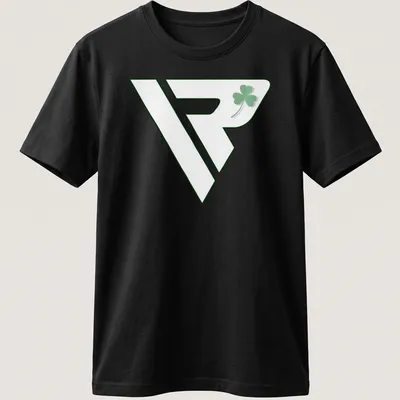 Minimalist green shamrock logo on a modern sports T-shirt