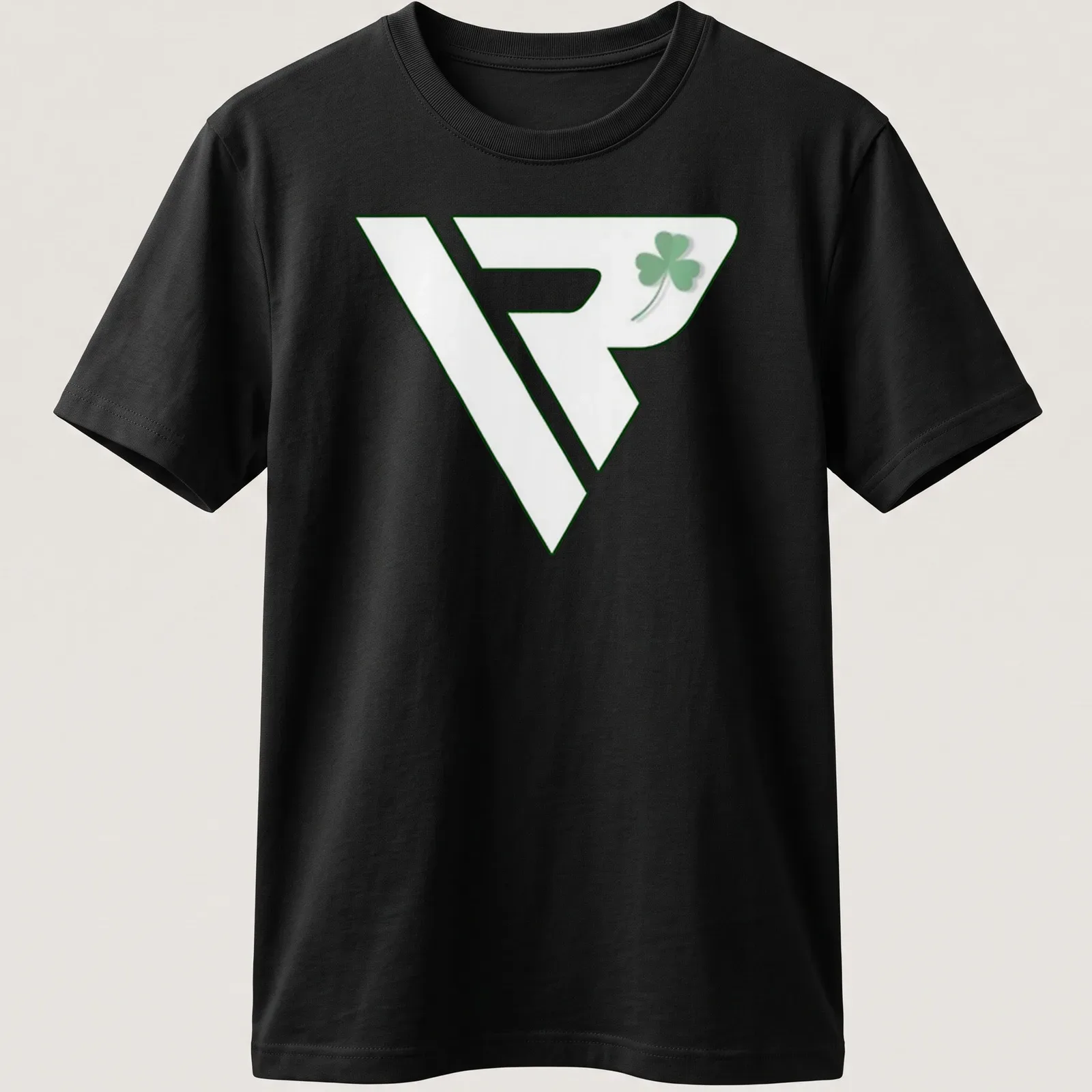 Minimalist green shamrock logo on a modern sports — printed on a unisex t-shirt