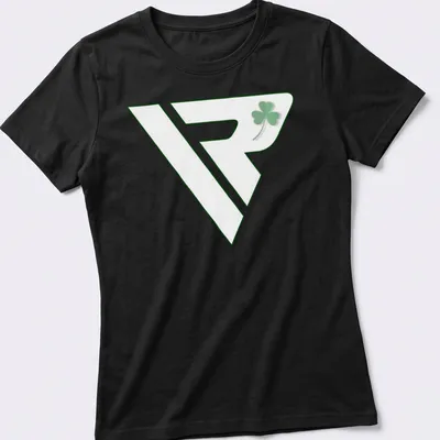 Minimalist green shamrock logo on a modern sports — printed on a women's shirt